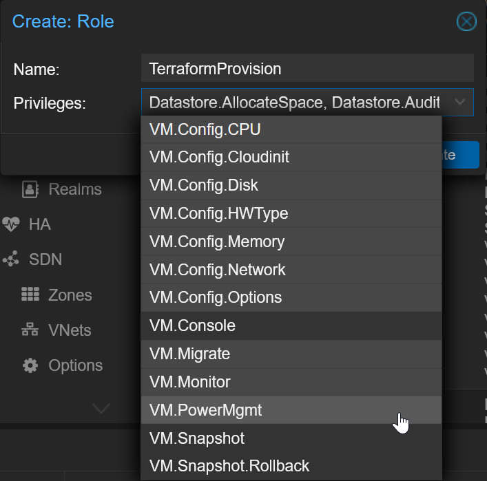 Proxmox create role